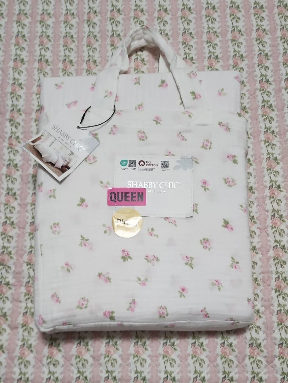 SET Shabby Chic Gauze Cotton Pink Rose Bud Print Duvet Cover + 2 Pillow Covers